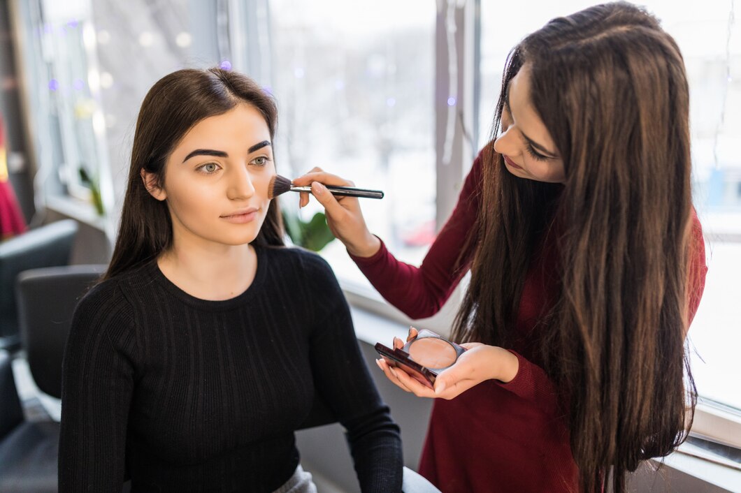 young model with big green eyes is having make up procedure 231208 3588
